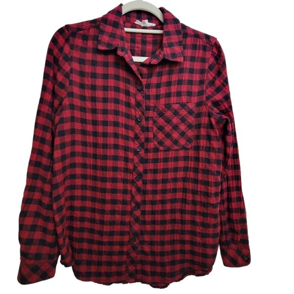 Beach Lunch Lounge Red And Black Plaid Button Textured Flannel Size Small - Picture 1 of 8